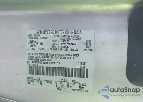 2000 Ford F-150 Lariat/Xl/Xlt from USA, damaged, VIN 1FTRX07W0YKB21155